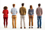 Fototapeta Dinusie - A group of people standing in a line, with one person wearing a red shirt. Concept of unity and togetherness, as the people are all standing side by side