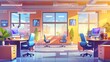© Mark - Stylish co-working office with a table and chairs, desk with PC and task boards, wide windows. Boardroom for meetings and cooperation. Cartoon modern illustration.