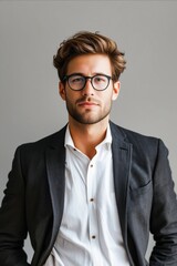 Sticker - A man in a suit and glasses is standing in front of a gray wall. He is wearing a white shirt and a black jacket