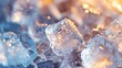 © Panachev E - Close-up of melting ice cubes, creating a refreshing and cool pattern with semi-transparent crystals, captured in a blue light, symbolizing purity and freshness.