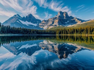 Wall Mural - Serene lake surrounded by trees and mountains in the distance, AI-generated.