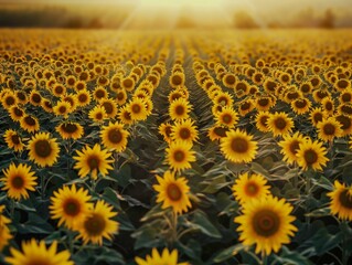 Wall Mural - Vibrant sunflowers in the field with golden sun rays, AI-generated.