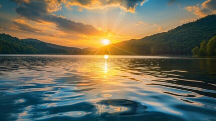 Majestic view of rippling and reflecting water near hill with green trees while bright orange sun in blue sky with clouds setting down