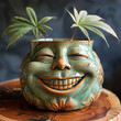 Whimsical ceramic pot shaped like a smiling face with cannabis plants, set on a rustic wooden table