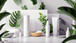 Modern skincare product presentation with white containers among lush green leaves and white backdrop