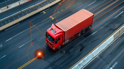 Container Truck Route Tracked by GPS on Map from Above
