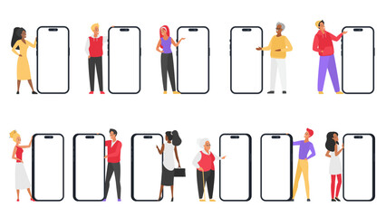 Poster - People showing big mobile phones set. Tiny male and female characters standing at giant smartphones with empty screen, happy woman and man users pointing on cellphone cartoon vector illustration