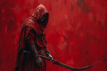 A mysterious figure in red robes stands solemnly with a curved blade, evoking a sense of danger and bravery against a stark red background