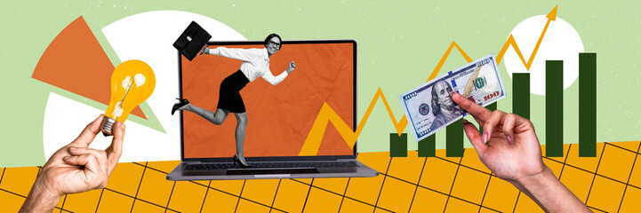 Aufkleber - Collage 3d pinup pop retro sketch image of excited lady having earning money plan isolated painting background