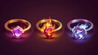 An illustration of fantasy magic rings with gems, diamonds, and cracks with fire inside. Game icons of witch or wizard jewelry, gold, silver, and lava rock rings.