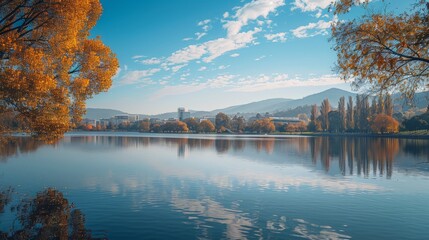 Wall Mural - Canberra Australia tranquil lake reflections with a modern city backdrop