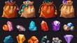 Icons of gem stones in sacks. Crystals in bags, treasure, trophy, pirate loot, level reward. Fantasy assets, GUI elements, mine resources, cartoon modern illustration.