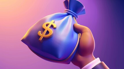 Aufkleber - Icon of finance, business deal, currency, investment, deposit, loan, or payment with man holding blue bag of money. 3D render illustration.