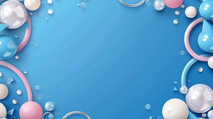 Poster - This abstract banner consists of cylinders or circles with silver rings, pearls, hemispheres, pearls, and pearls on a blue background.