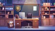 Typical police station office with desk, computer, chair, file cabinet, gold badge on the wall, and blackboard. Police department room, detective workplace furniture, modern cartoon set.