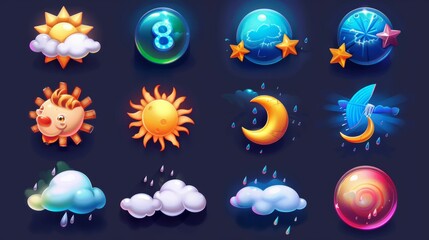Poster - Weather forecast, weather icons, day and night symbols, hot and cold air temperature, sun and moon. 3D illustration, day and night symbols for rainy and snowy weather.