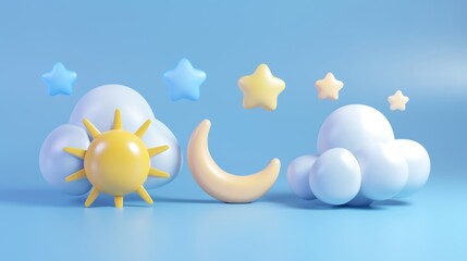 Poster - 3D rendered weather symbol with sun and crescent and stars behind white clouds. Day and night weather forecast elements for apps or websites. Cartoon illustration in plastic.