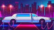 This cartoon illustration depicts a white limousine car with a closed door with an empty red carpet and rope barrier in the background of a night cityscape. Celebrities arriving at a VIP party or