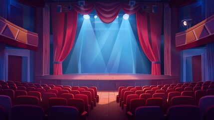 Wall Mural - Theatre stage and auditorium. Interior of a theater with an empty wood set, red curtains and spotlights, modern cartoon illustration.