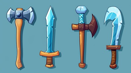 Wall Mural - The icons of old viking or knight weapons and miner tools isolated on background are for UI game design.