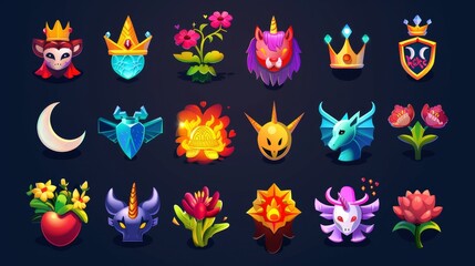 Poster - A set of cartoon avatar frames with fantasy borders, animal ears, tails, and wings, devil and unicorn horns, witch hats, royal crowns, flowers, and the moon, all drawn in modern form