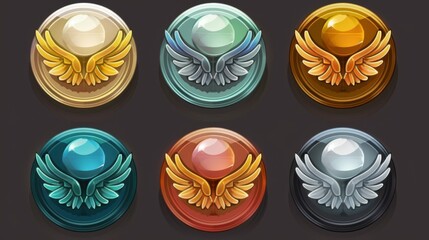 Poster - Round avatar frames isolated on background. Modern illustration of simple and decorated with wings golden, silver, bronze, different color circles. User interface elements for games.