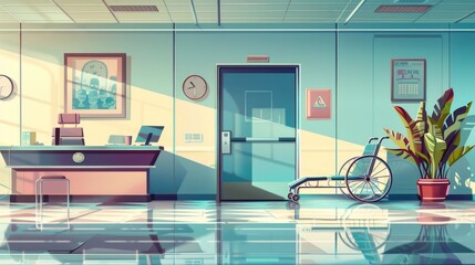 In this hospital hallway, gurney and tables are positioned around a reception desk, wheelchairs, chairs, chairs, and a reception counter. This modern illustration portrays furniture for medical