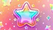 Sticker or label with holographic iridescent texture, pearlescent rainbow or unicorn badge with soft pastel colors, gradient or ombre neon stamp, round star shape, price or sale tag