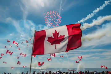 Holiday sky with fireworks and flag of Canada, independence day. postcard, banner, Design