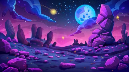 Wall Mural - Space planet landscape with purple rocks and stones. Modern illustration of neon colored moon, stars, and clouds glowing in the night sky. Computer game interface background.