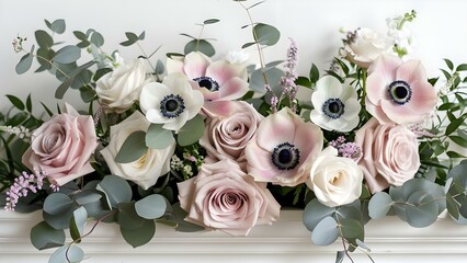Wall Mural - Wedding flower arrangements with dusty pink roses white anemones and eucalyptus leaves. Concept Floral Decor, Wedding Flowers, Dusty Pink Roses, White Anemones, Eucalyptus Leaves
