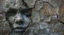 A Surreal Woman's Face Is Intricately Painted On The Textured Bark Or Stone, Blending Nature With Art In An Unexpected Way, Copy Space
