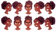 An avatar of a young african american woman with happy, angry, sad, and surprised facial expressions.