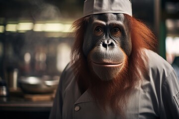 Wall Mural - Orangutan as a chef cook in a restaurant kitchen.