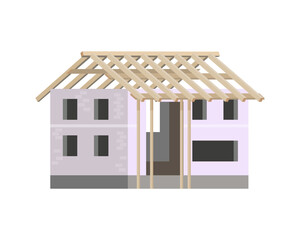 Wall Mural - Unfinished wooden roof on brick building, construction process vector illustration