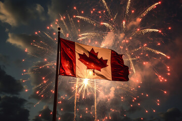 Holiday sky with fireworks and flag of Canada, independence day