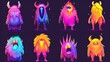 Modern illustration of cute alien characters. Scary Halloween creatures with funny faces. Cartoon neon color monsters isolated on black background.