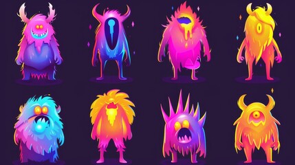Wall Mural - Modern illustration of cute alien characters. Scary Halloween creatures with funny faces. Cartoon neon color monsters isolated on black background.