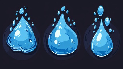 Wall Mural - Set of water tear modern icons with splash, puddle, waterfalls, and teardrop symbols isolated on dark background. Simple fluid motion design with splatter motion.