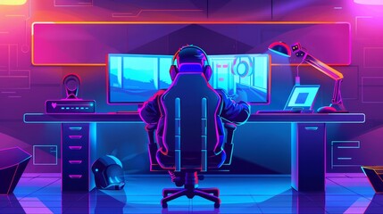 Poster - Offline stream cartoon wallpaper banner design for gamer with computer, table, and armchair. Futuristic esport layout with social media button. Template for Twitch streamline game presentation.