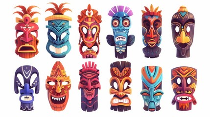 Wall Mural - Modern illustration of Hawaiian traditional carved wooden accessory for magic ritual, home decoration for protection - totem tiki masks. Tribal culture.