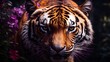 Hyperrealistic Tiger Head Illustration In Vibrant Colors. a vibrant and captivating image showcasing a tiger in a dark setting, its eyes glowing with intensity.