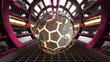Reflective hexagon sphere in red sci-fi 3D tunnel