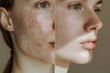 Acne treatment before and after, woman affected and healthy skin closeup, black dots, blackheads