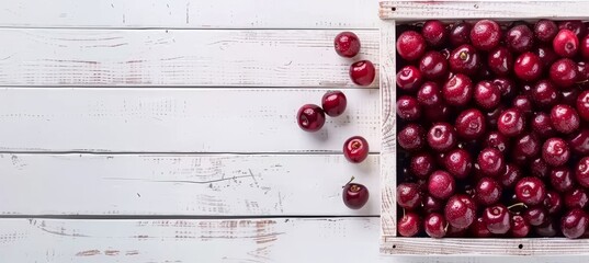 Wall Mural - Fresh red cherries in a rustic wooden storage basket, perfect for organic fruit display