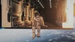 3D animated astronaut relaxing in the doorway of a spacecraft above Earth