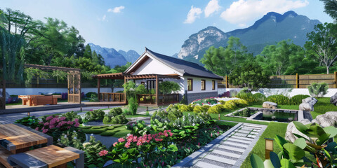 Wall Mural - A rendering of the exterior design, modern style Chinese farmhouse with garden landscape and flower bed in front yard, mountain background, blue sky, green plants and trees around house