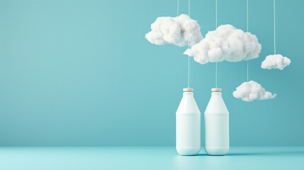 White bottles of organic milk dangle under clouds against a blue backdrop, symbolizing the commodification of nature in consumer culture.