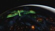 3D render of Earth at night with aurora borealis and city lights from space