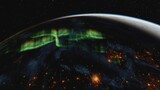 Fototapeta  - 3D render of Earth at night with aurora borealis and city lights from space
